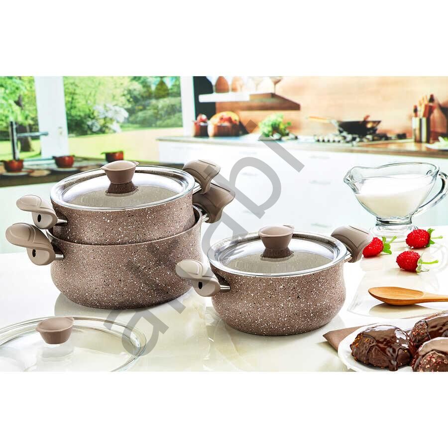 Oms Granit Güveç Set 3lü Granit Mini Tencere Takımı Cam Kapaklı