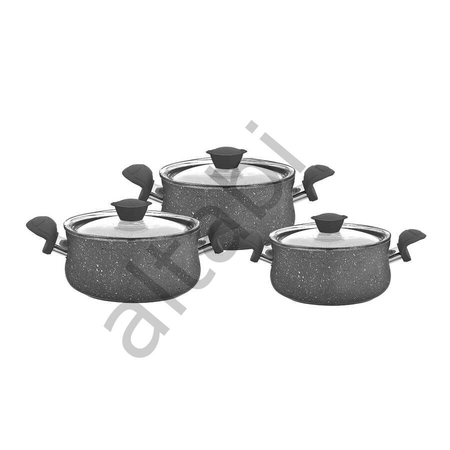 Oms Granit Güveç Set 3lü Granit Mini Tencere Takımı Cam Kapaklı