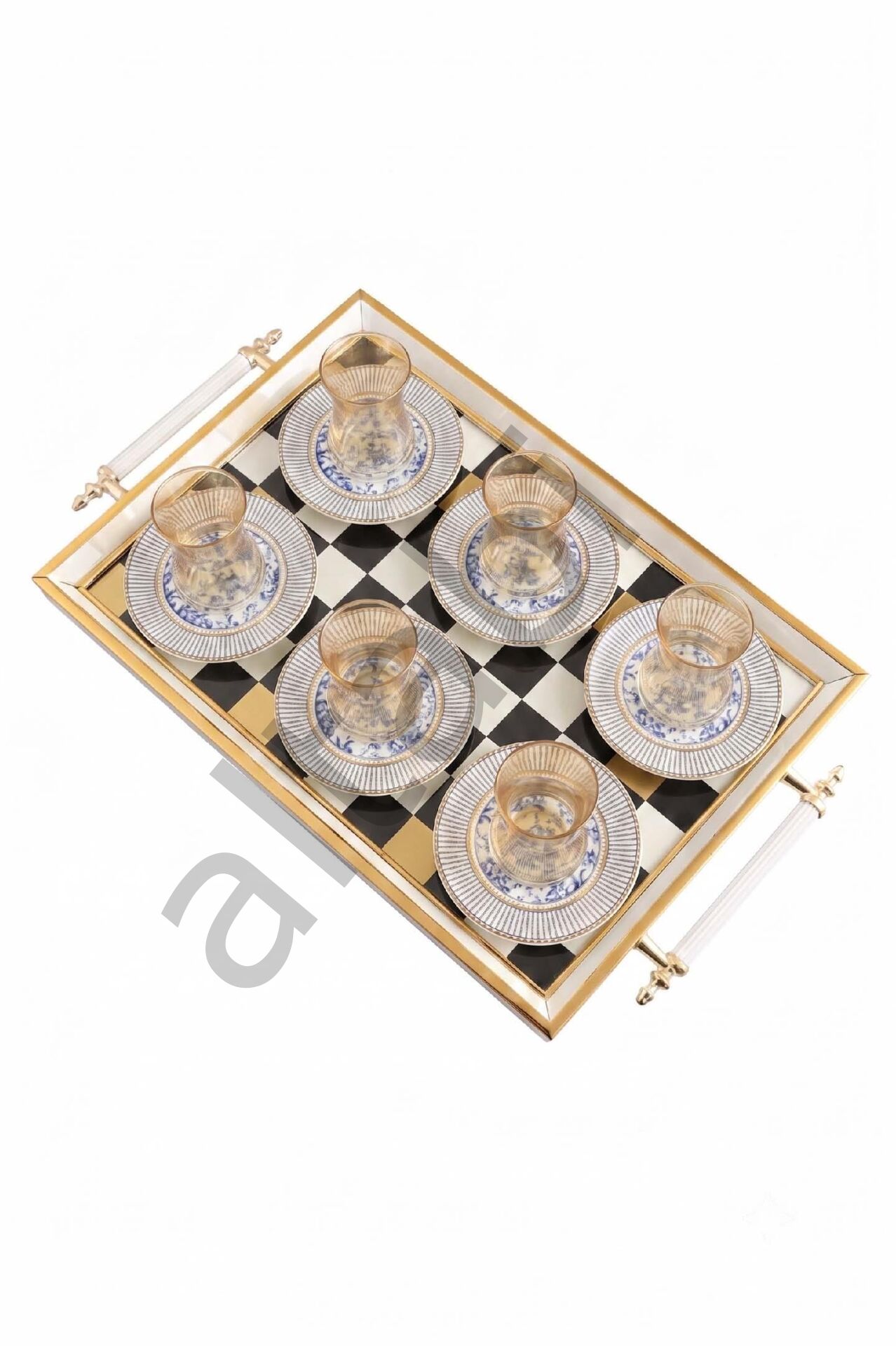 Çay Takımı 6 Kişilik Seramik Tabaklı Çay Bardağı + Çay Tabağı +  Çay Tepsisi