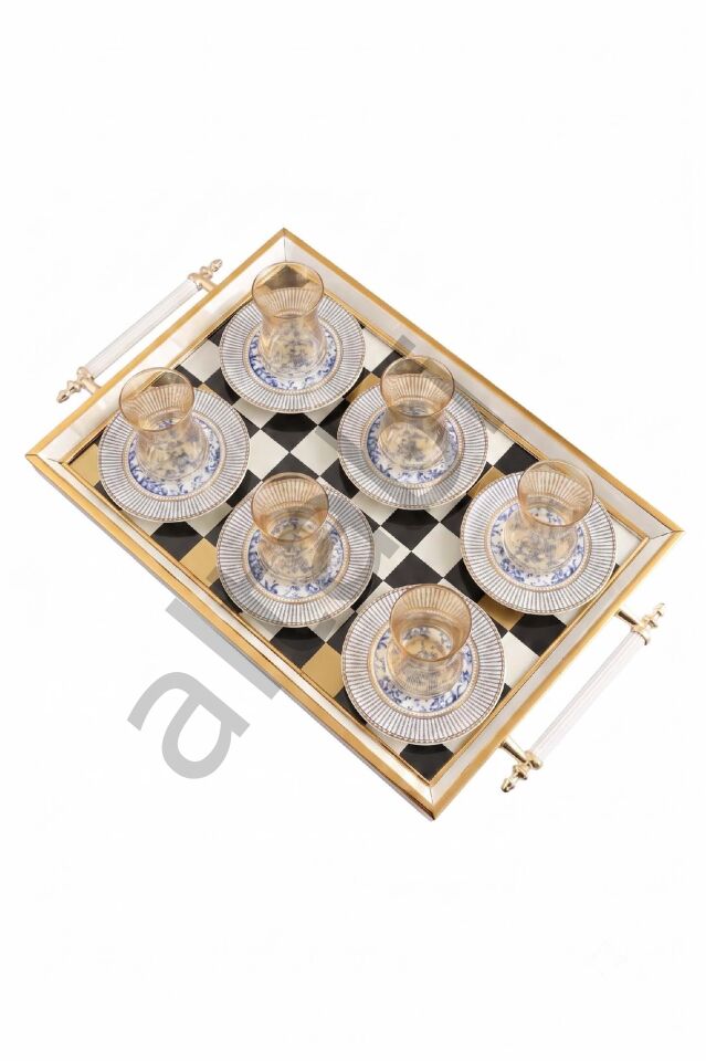Çay Takımı 6 Kişilik Seramik Tabaklı Çay Bardağı + Çay Tabağı +  Çay Tepsisi