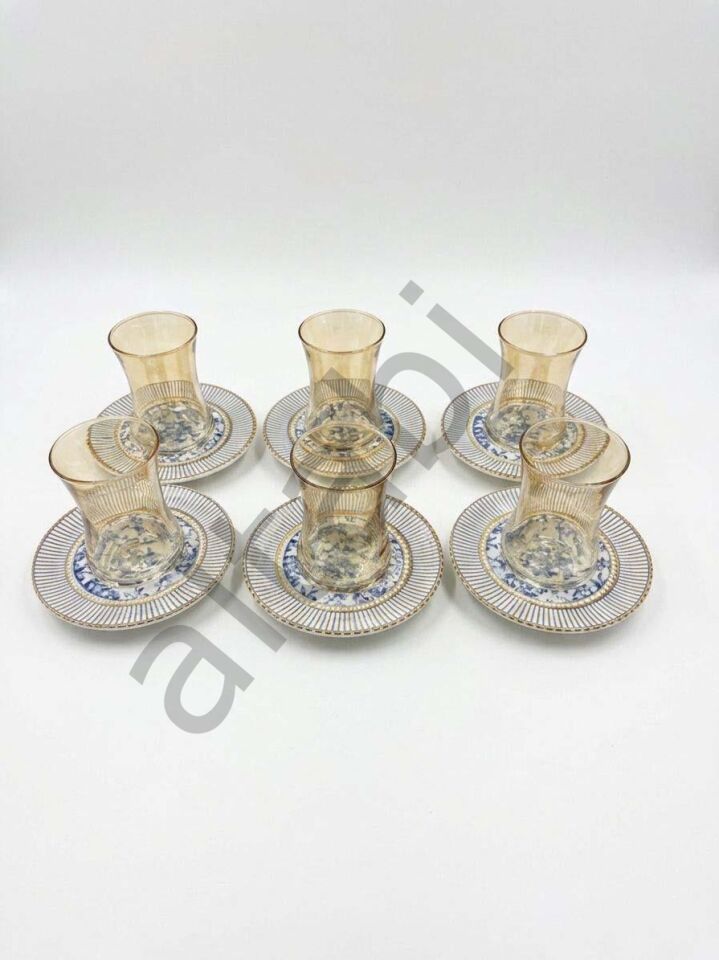 Çay Takımı 6 Kişilik Seramik Tabaklı Çay Bardağı + Çay Tabağı +  Çay Tepsisi