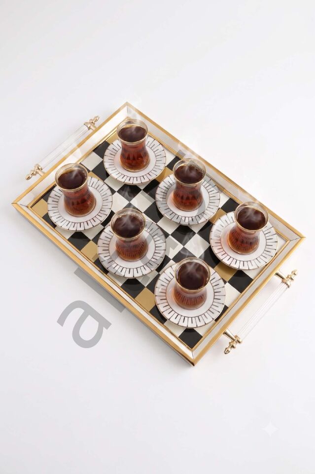 Çay Takımı 6 Kişilik Seramik Tabaklı Çay Bardağı + Çay Tabağı + Çay Tepsisi