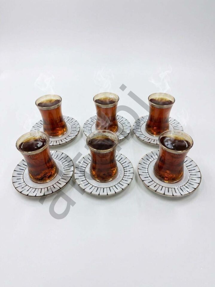 Çay Takımı 6 Kişilik Seramik Tabaklı Çay Bardağı + Çay Tabağı + Çay Tepsisi