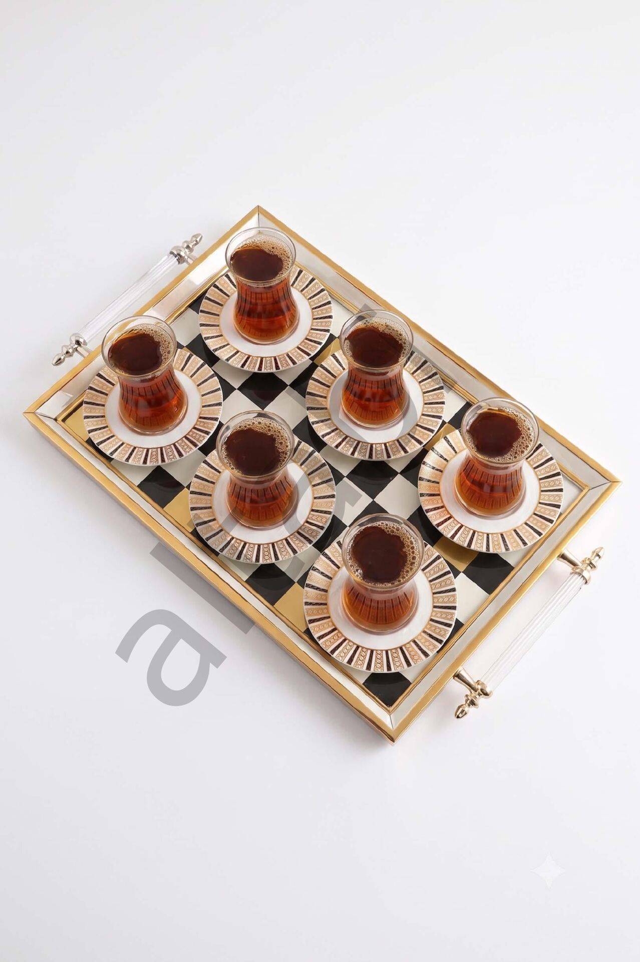 Çay Tepsisi ve Çay Takımı 6 Kişilik Seramik Tabaklı Lusterli Dekorlu