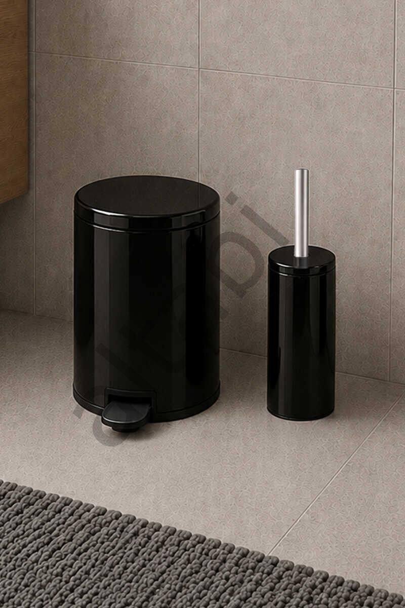 Cigo 2li Banyo Seti Çelik Çöp Kovası ve Tuvalet Fırçası Siyah 3 Litre