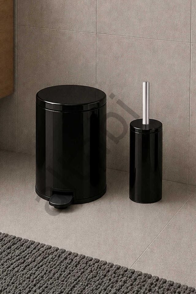 Cigo 2li Banyo Seti Çelik Çöp Kovası ve Tuvalet Fırçası Siyah 3 Litre