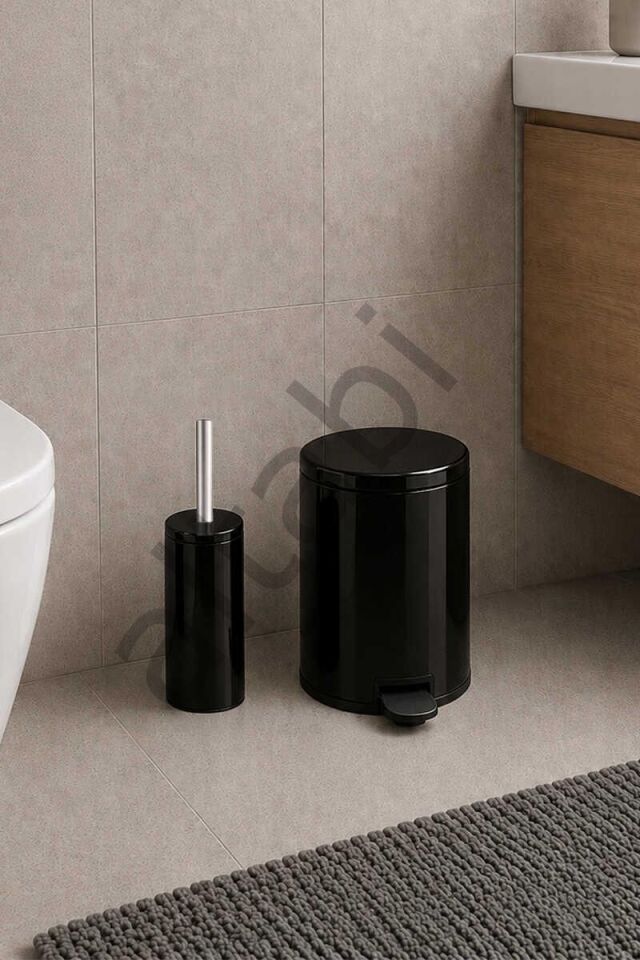Cigo 2li Banyo Seti Çelik Çöp Kovası ve Tuvalet Fırçası Siyah 3 Litre