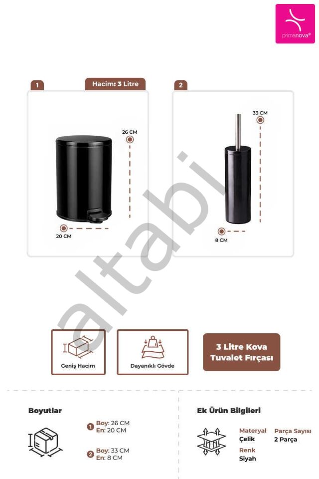 Cigo 2li Banyo Seti Çelik Çöp Kovası ve Tuvalet Fırçası Siyah 3 Litre