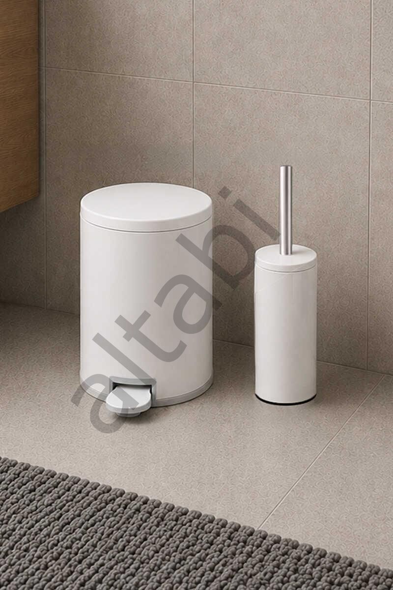 Cigo 2li Banyo Seti Çelik Çöp Kovası Tuvalet Fırçası 3 Litre Beyaz Metal