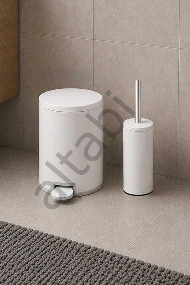 Cigo 2li Banyo Seti Çelik Çöp Kovası Tuvalet Fırçası 3 Litre Beyaz Metal