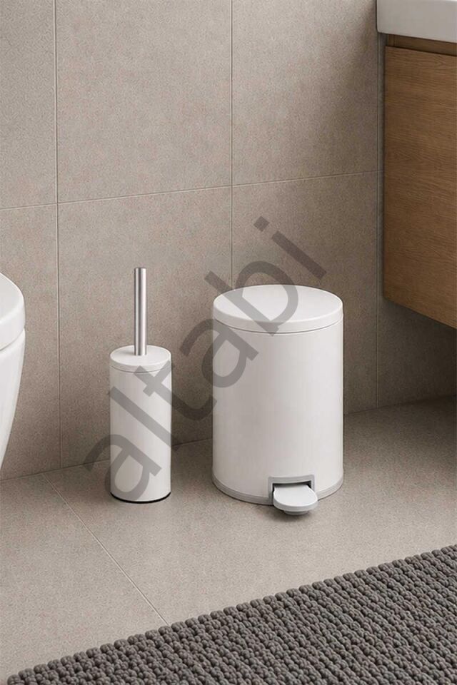 Cigo 2li Banyo Seti Çelik Çöp Kovası Tuvalet Fırçası 3 Litre Beyaz Metal