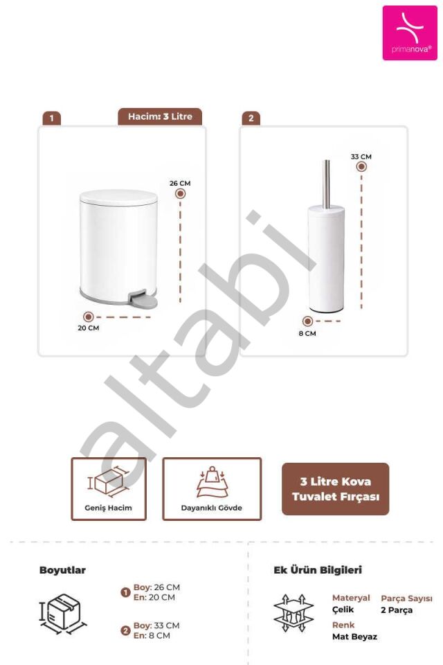 Cigo 2li Banyo Seti Çelik Çöp Kovası Tuvalet Fırçası 3 Litre Beyaz Metal