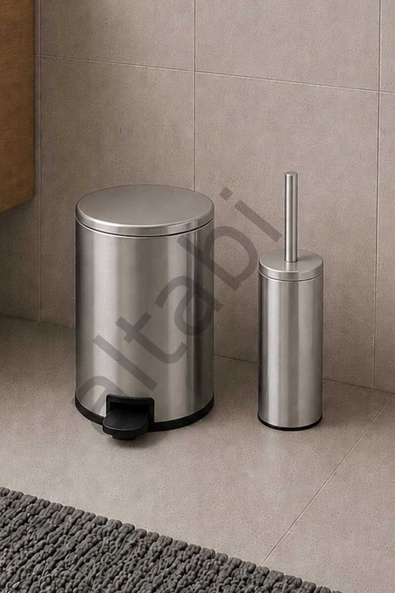 Cigo 2li Banyo Seti Çelik Çöp Kovası Tuvalet Fırçası Mat Gri 3 Litre