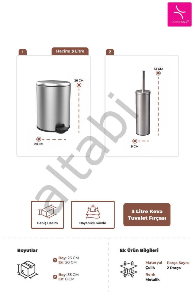 Cigo 2li Banyo Seti Çelik Çöp Kovası Tuvalet Fırçası Mat Gri 3 Litre