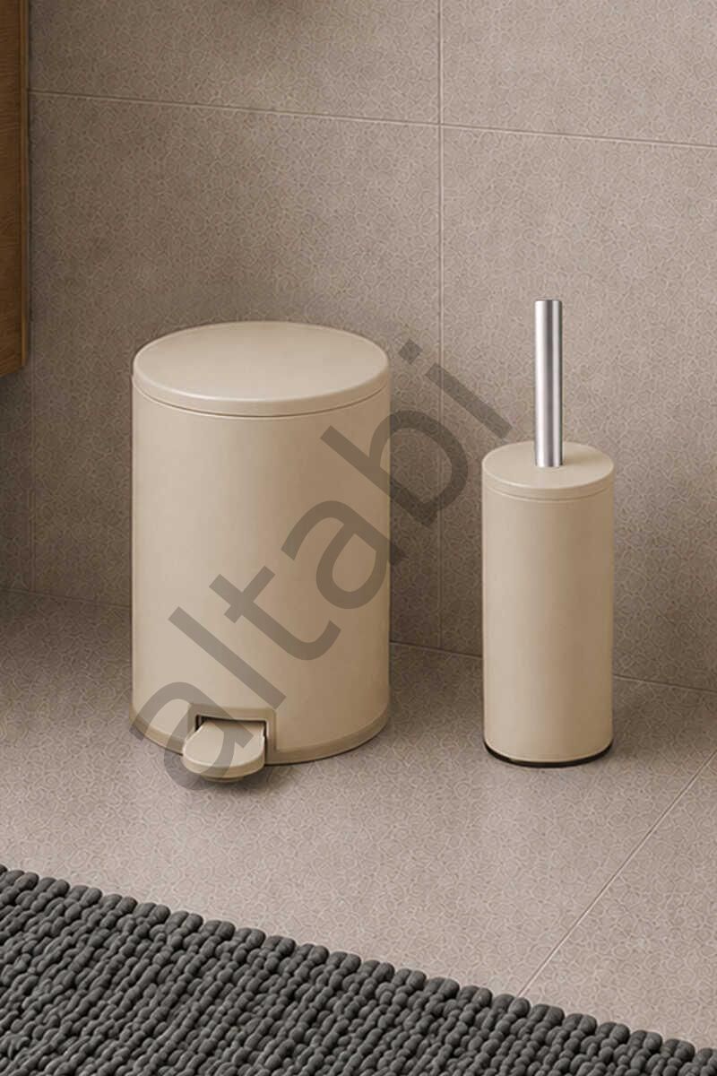 Cigo 2li Banyo Seti Çelik Çöp Kovası Tuvalet Fırçası Bej Renk 3 Litre