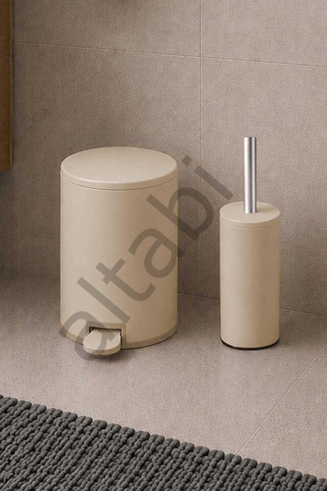 Cigo 2li Banyo Seti Çelik Çöp Kovası Tuvalet Fırçası Bej Renk 3 Litre