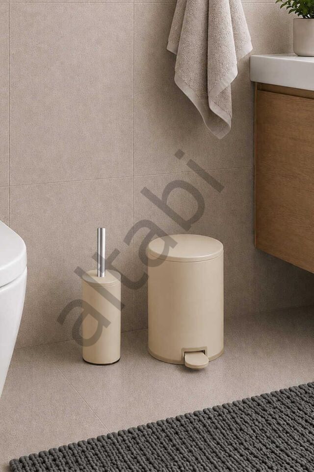 Cigo 2li Banyo Seti Çelik Çöp Kovası Tuvalet Fırçası Bej Renk 3 Litre