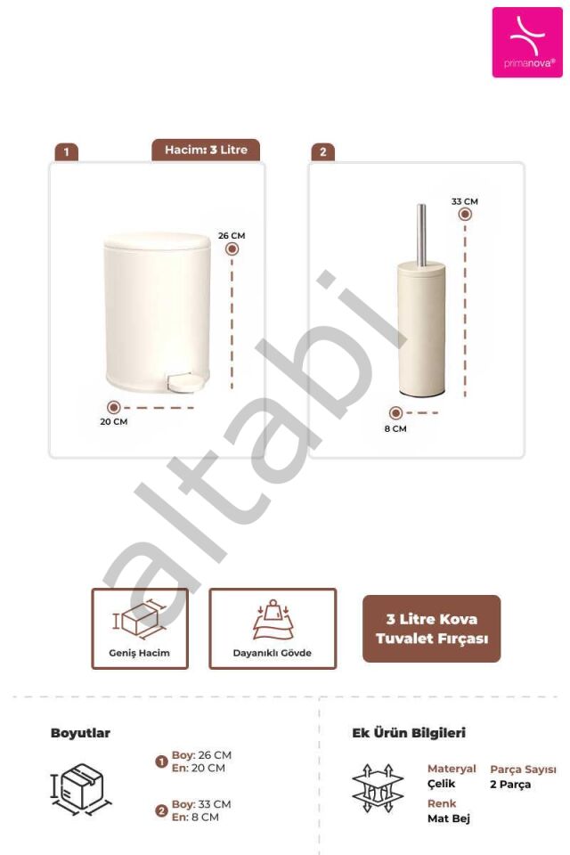 Cigo 2li Banyo Seti Çelik Çöp Kovası Tuvalet Fırçası Bej Renk 3 Litre