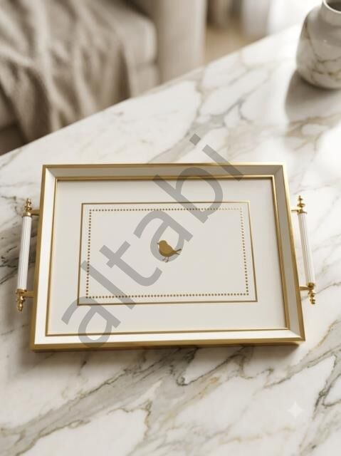 Dijital Baskılı Cam Servis Tepsisi – Kuş Motifli, Metal Kulplu 46x28 cm