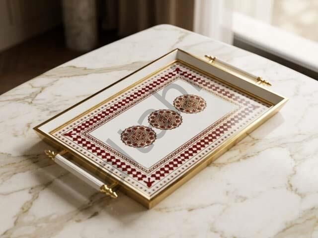Dijital Baskılı Cam Servis Tepsisi – Sedef Motifli, Metal Kulplu 46x28 cm