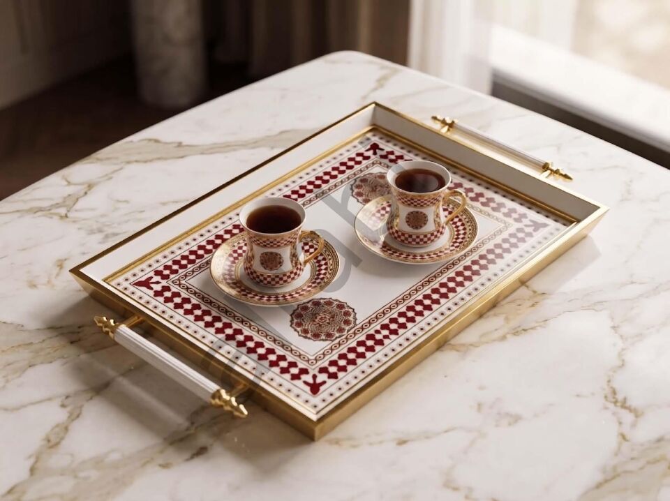 Dijital Baskılı Cam Servis Tepsisi – Sedef Motifli, Metal Kulplu 46x28 cm