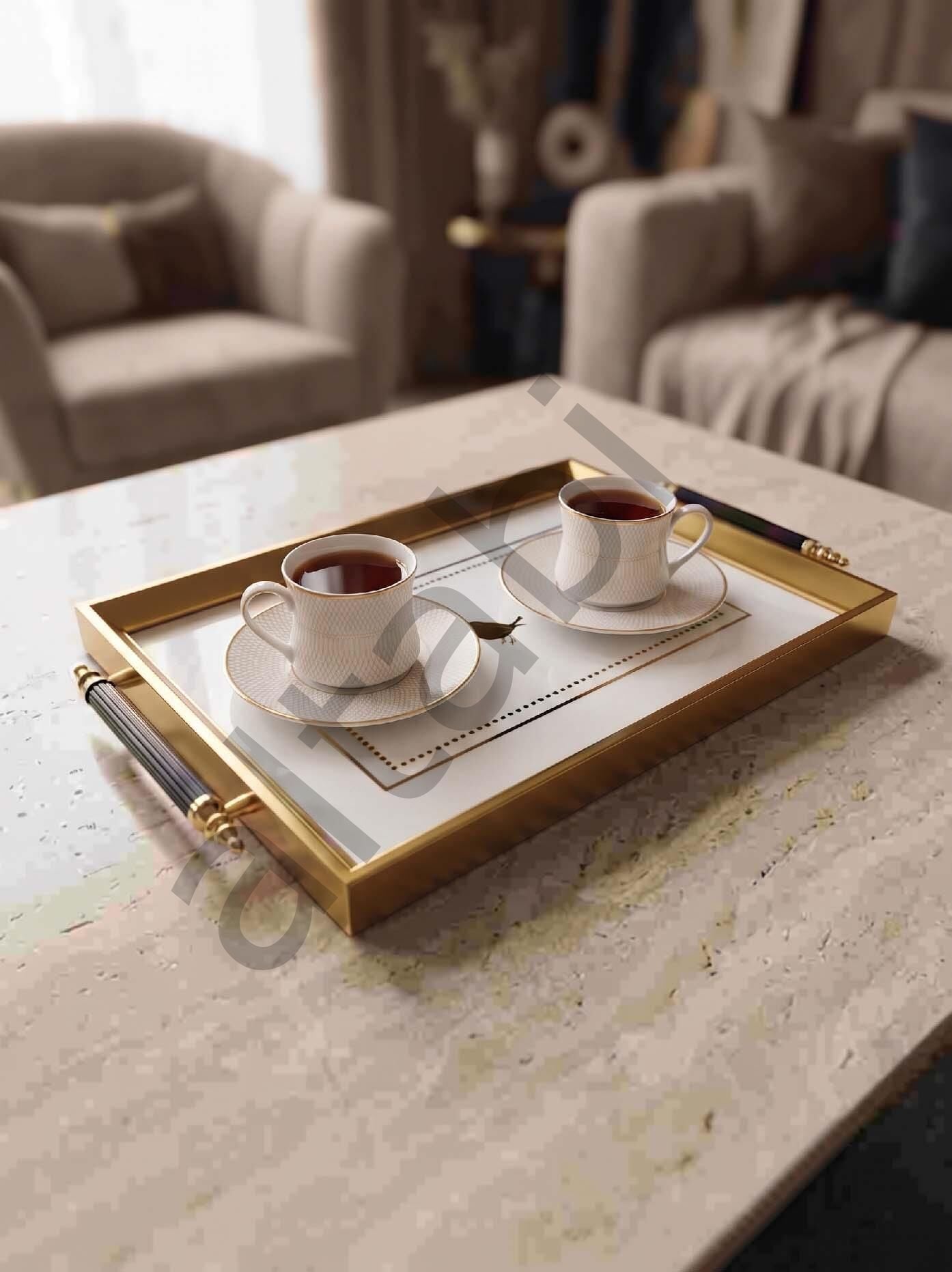 Dijital Baskılı Cam Servis Tepsisi – Kuş Motifli, Metal Kulplu 46x28 cm