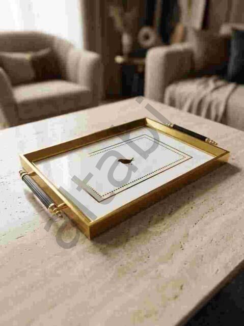 Dijital Baskılı Cam Servis Tepsisi – Kuş Motifli, Metal Kulplu 46x28 cm