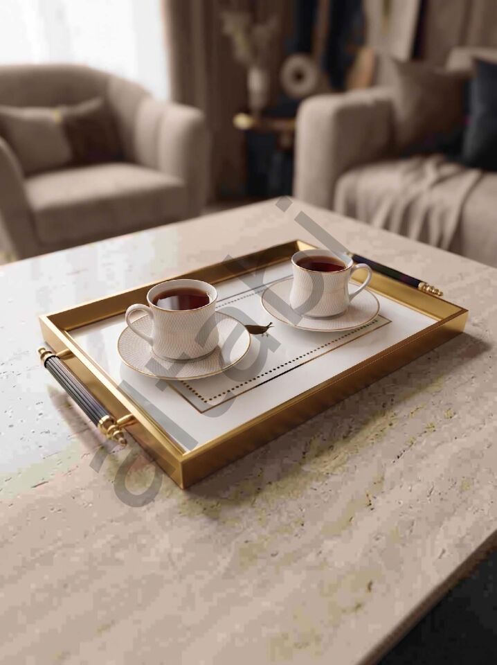 Dijital Baskılı Cam Servis Tepsisi – Kuş Motifli, Metal Kulplu 46x28 cm
