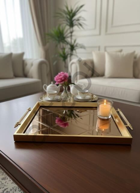 Aynalı Cam Servis Tepsisi – Gold Çerçeveli, Metal Kulplu 46x28 cm