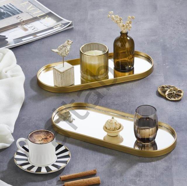 Aynalı Sunum Tepsisi – Gold Çerçeveli 12 X 30 Cm 2 Adet İster Tepsi / İster Duvar Aynası