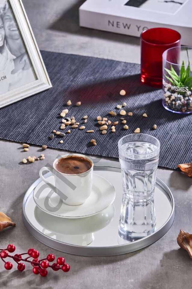 Aynalı Yuvarlak Sunum Tepsisi – Gümüş Çerçeveli 24 Cm 2 Adet İster Tepsi / İster Duvar Aynası