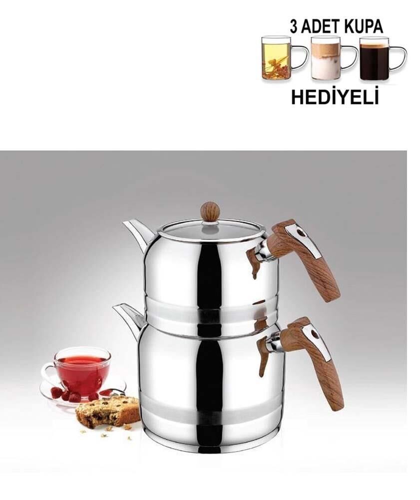 Kahramanlar Ahşap Renk Saplı Midi Boy Çaydanlık Takımı 3 Adet Cam Kupa Hediyeli