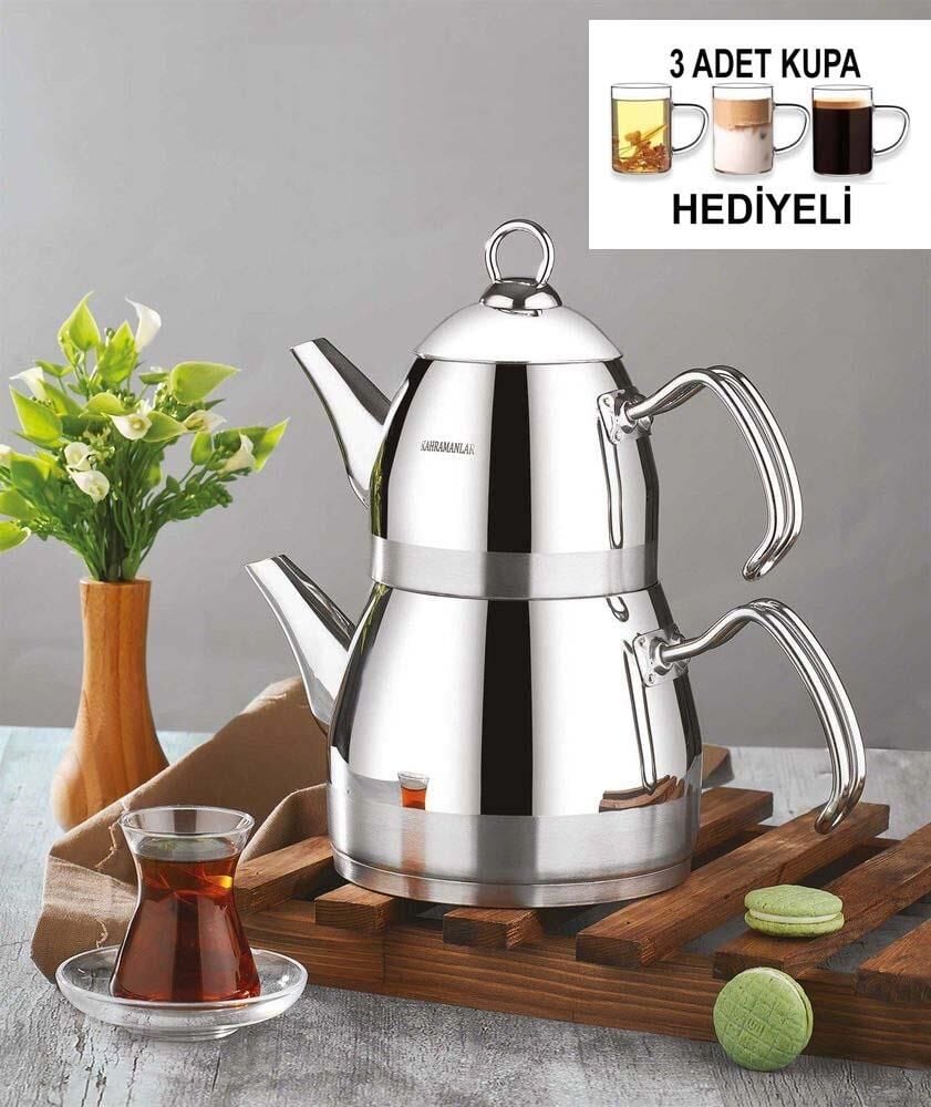 Kahramanlar Orta Boy Çaydanlık Takımı 3 Adet Cam Kupa Hediyeli