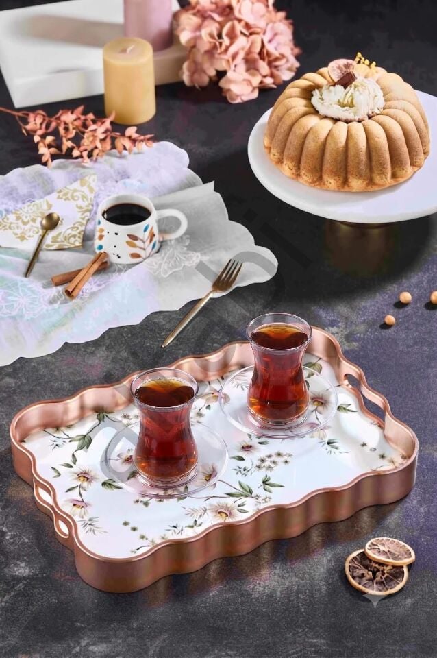 Dijital Baskılı Cam Servis Tepsisi – Çiçek Motifli Bakır Renk , 40x28 cm