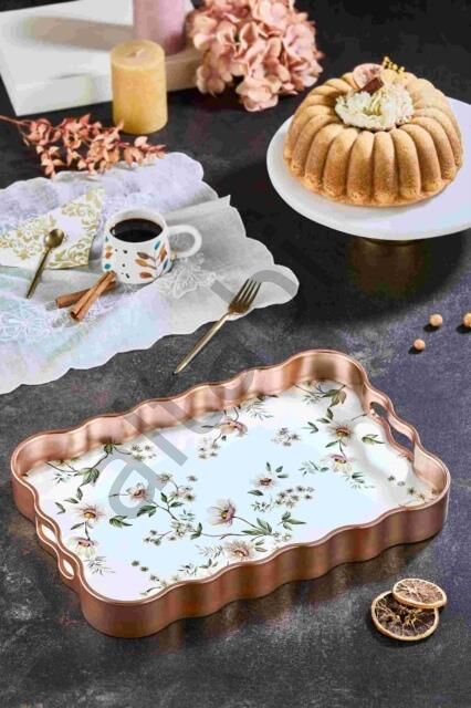 Dijital Baskılı Cam Servis Tepsisi – Çiçek Motifli Bakır Renk , 40x28 cm