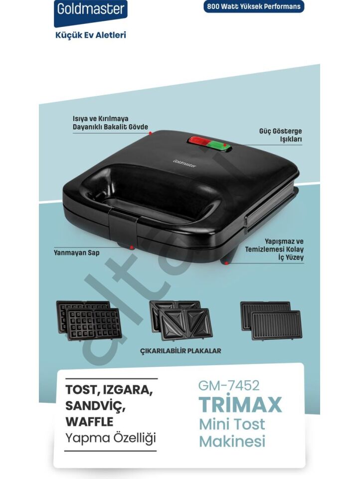 Altabi Trimax Tost Waffle Sandviç Makinesi 3 Farklı Plaka 1000 W Gold mas ter