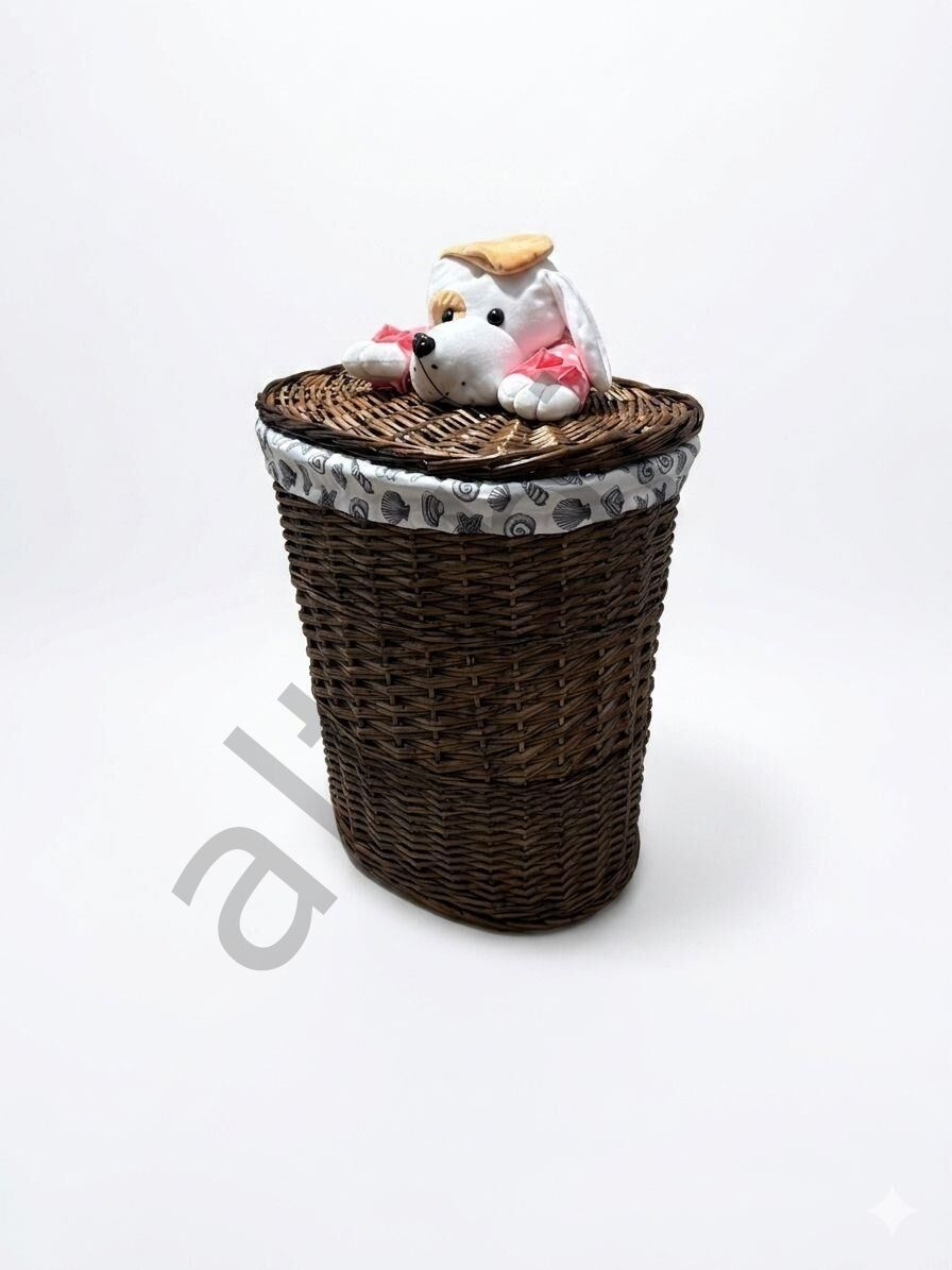 Peluşlu Hasır Çamaşır ve Oyuncak Sepeti – Doğal, Eğlenceli ve Şık Tasarım (55 x 51 x 37 cm)
