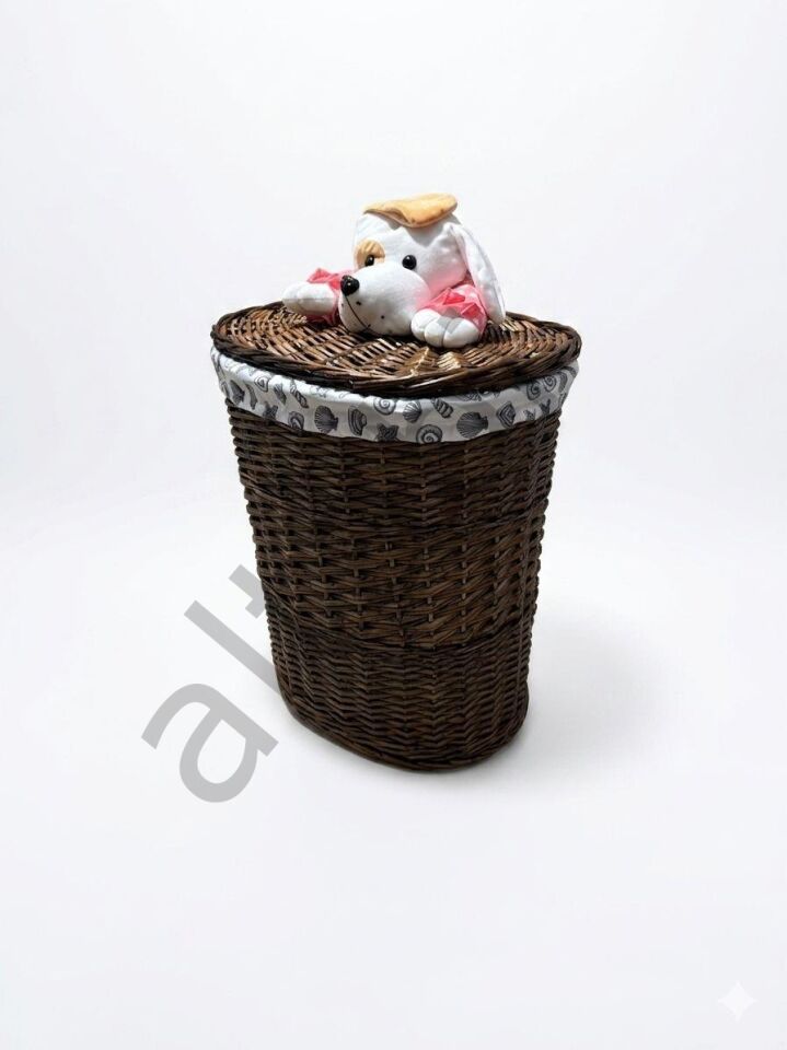 Peluşlu Hasır Çamaşır ve Oyuncak Sepeti – Doğal, Eğlenceli ve Şık Tasarım (55 x 51 x 37 cm)