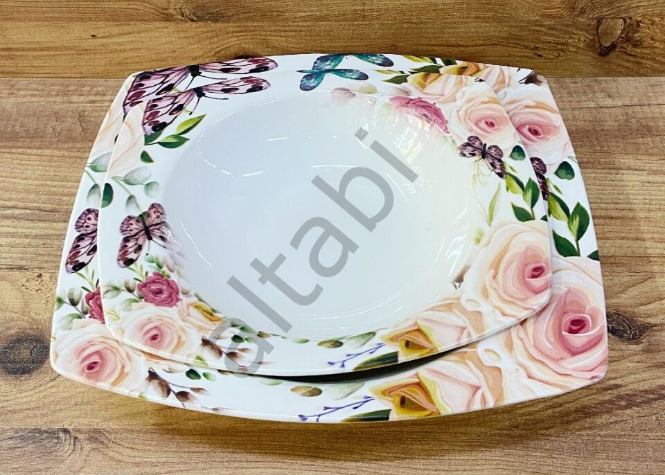 Seramik Çiçekli 2li Bol Kase Çubuk Tabak Dekoratif Sunum Tabağı