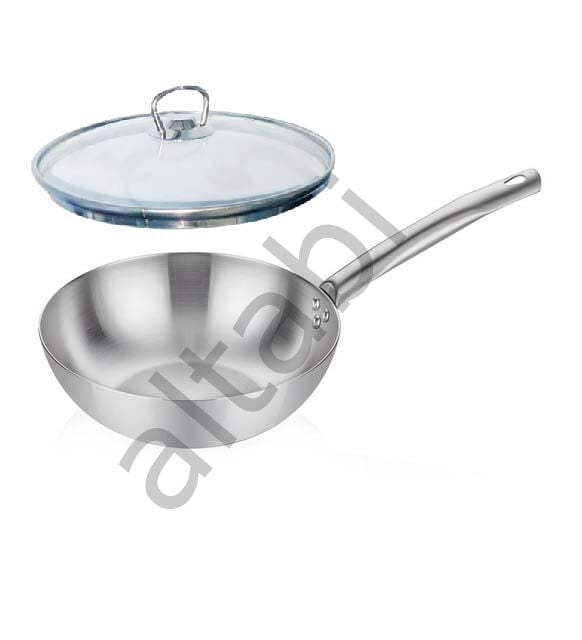 Cam Kapaklı Çelik Wok Tava 28 CM Paslanmaz Çelik
