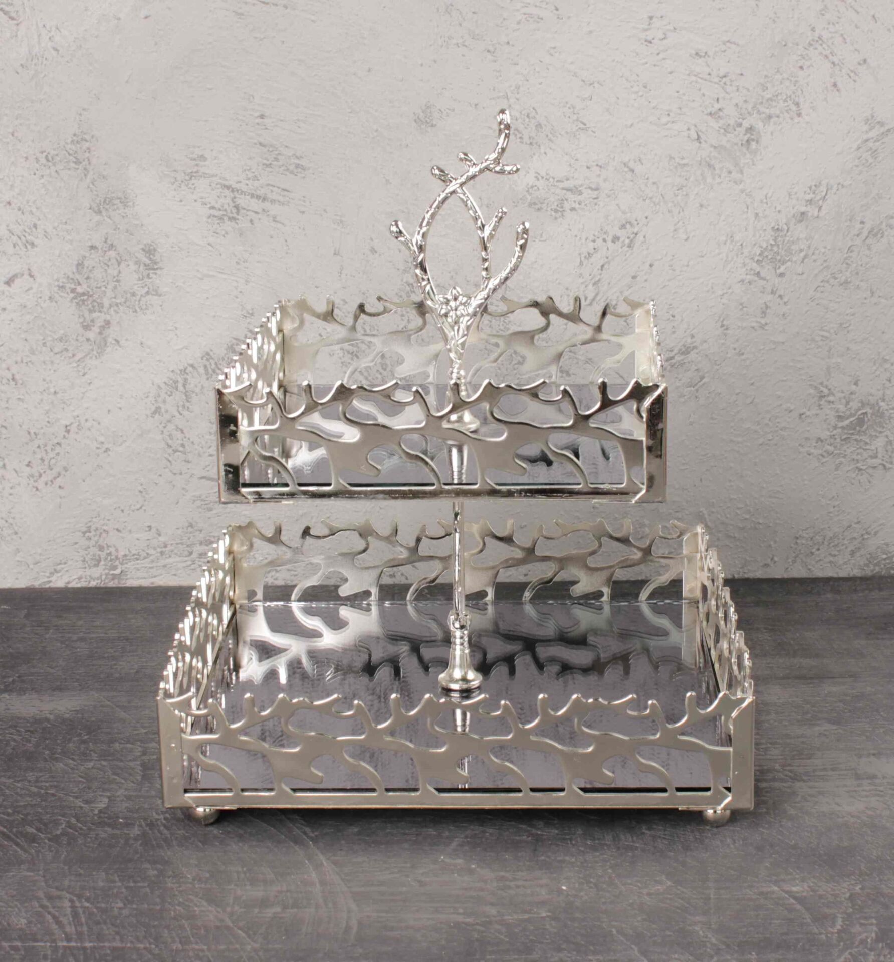 Çınar Dekoratif Kurabiyelik Sunumluk 2 Katlı Gümüş Renk Kare