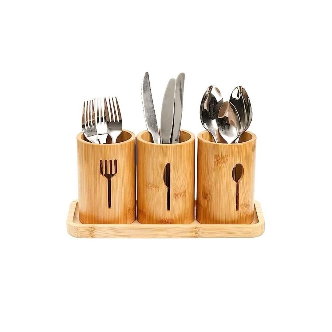 Bambu Kaşıklık 3 Bölmeli Tezgazüstü Kaşıklık