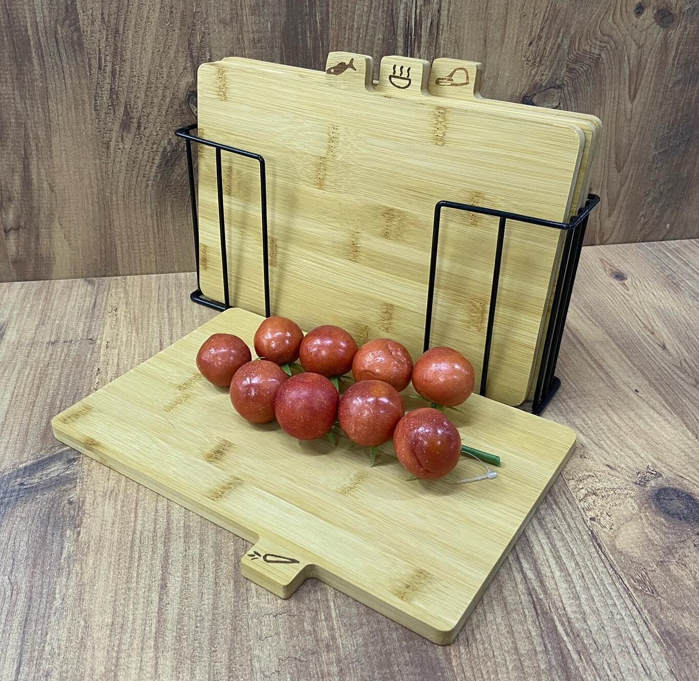 Bambu Kesim Tahtası Seti Metal Standlı Kesme Tahtası