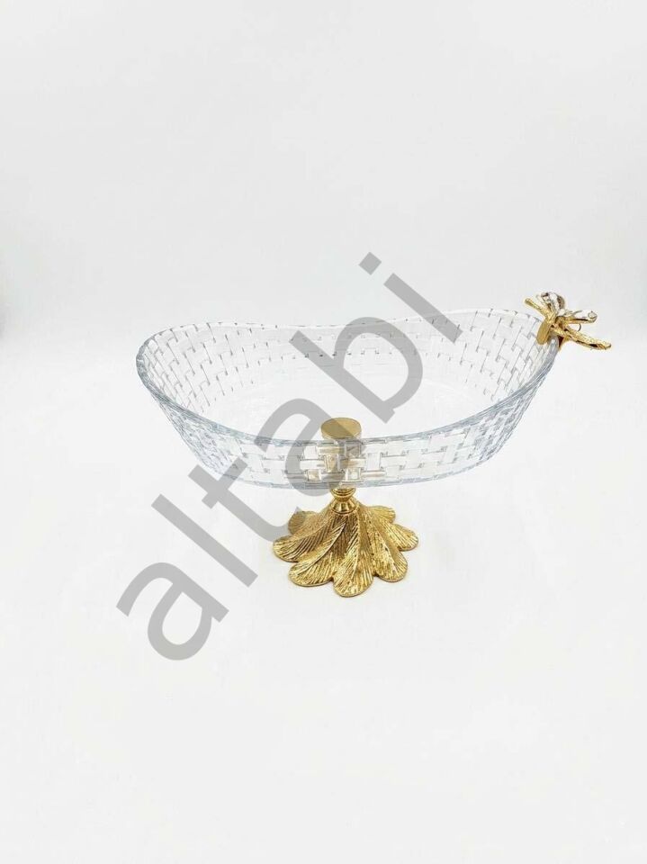 Gold Ayaklı Dekoratif Cam Sunum Kasesi 26x18 cm