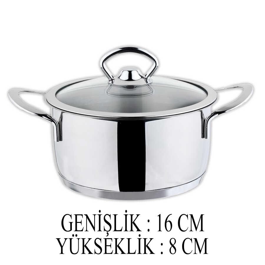 Oms Cam Kapaklı Mini Çelik Tencere 16 CM