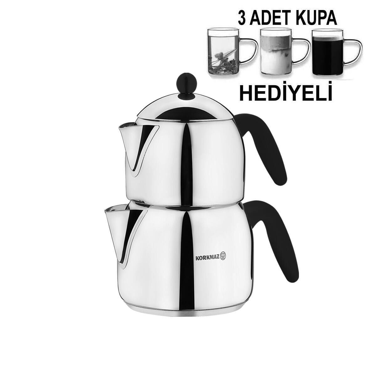 Korkmaz Orta Boy Çaydanlık Takımı ve 3 Adet Cam Kupa