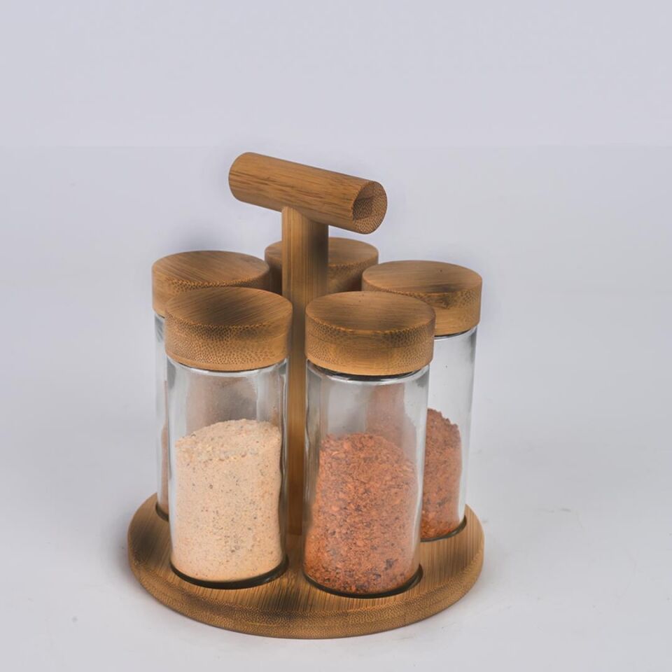 Cam Baharatlık 5li Akasya Kapaklı Tezgahüstü