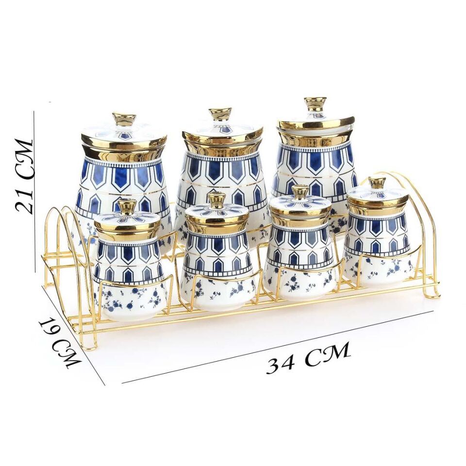 Porselen Baharat Takımı Metal Standlı Mavi Desenli