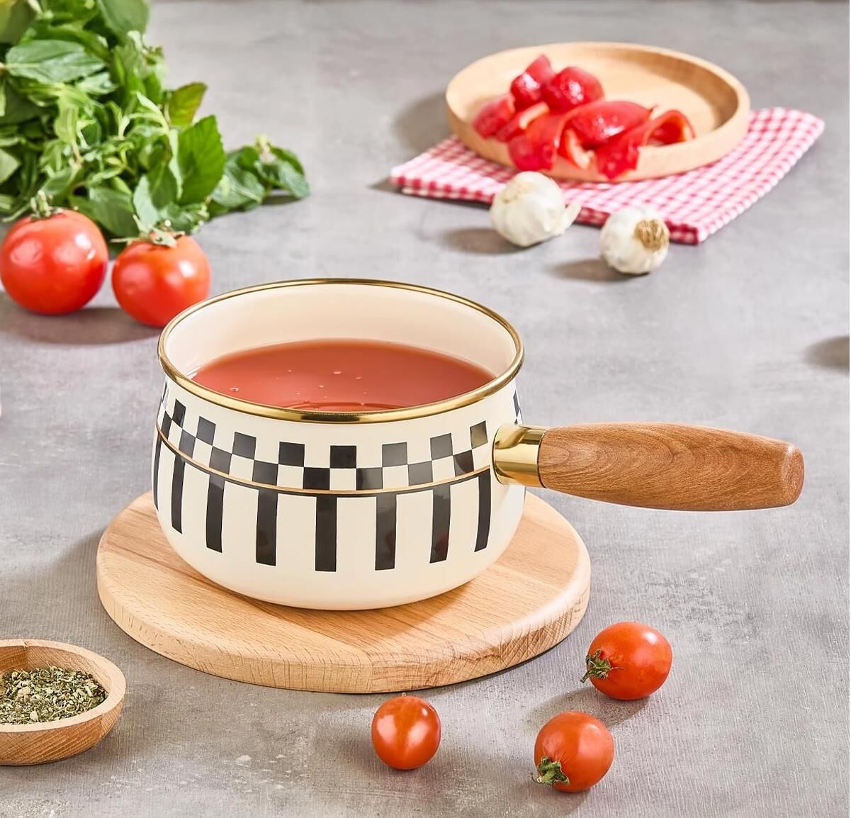 Prime Cream Emaye Ahşap Saplı Sosluk / Sütlük – 14 CM