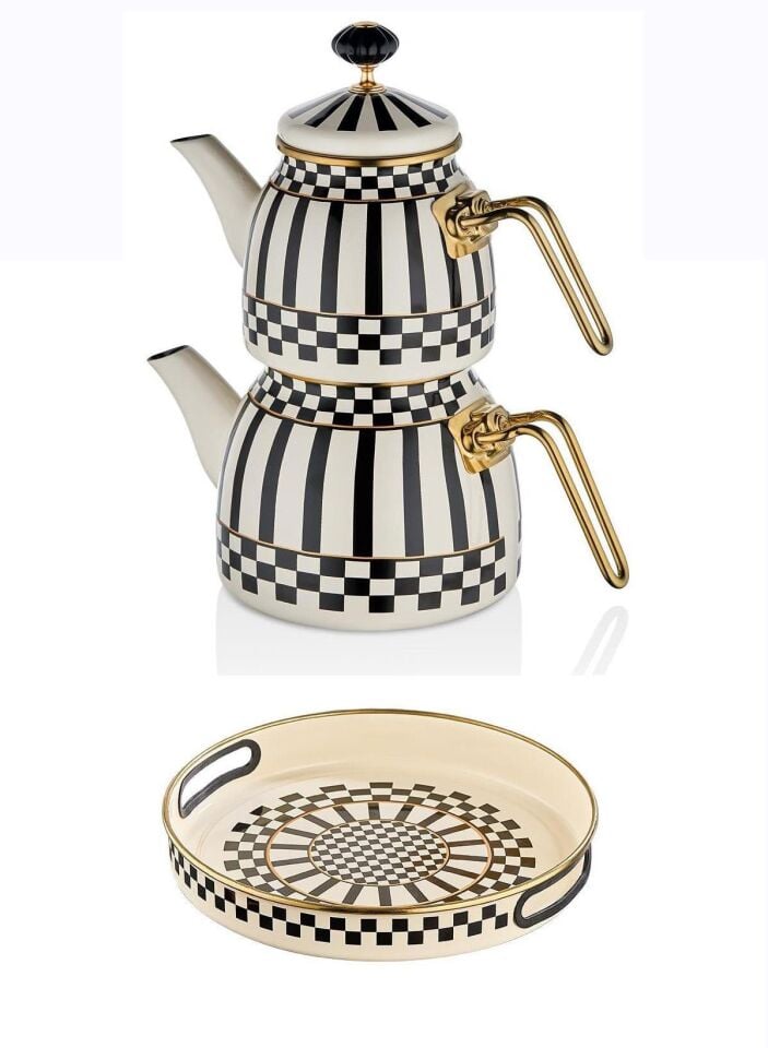 Prime Cream Emaye Servis Tepsisi – 28 CM ve Çaydanlık Takımı